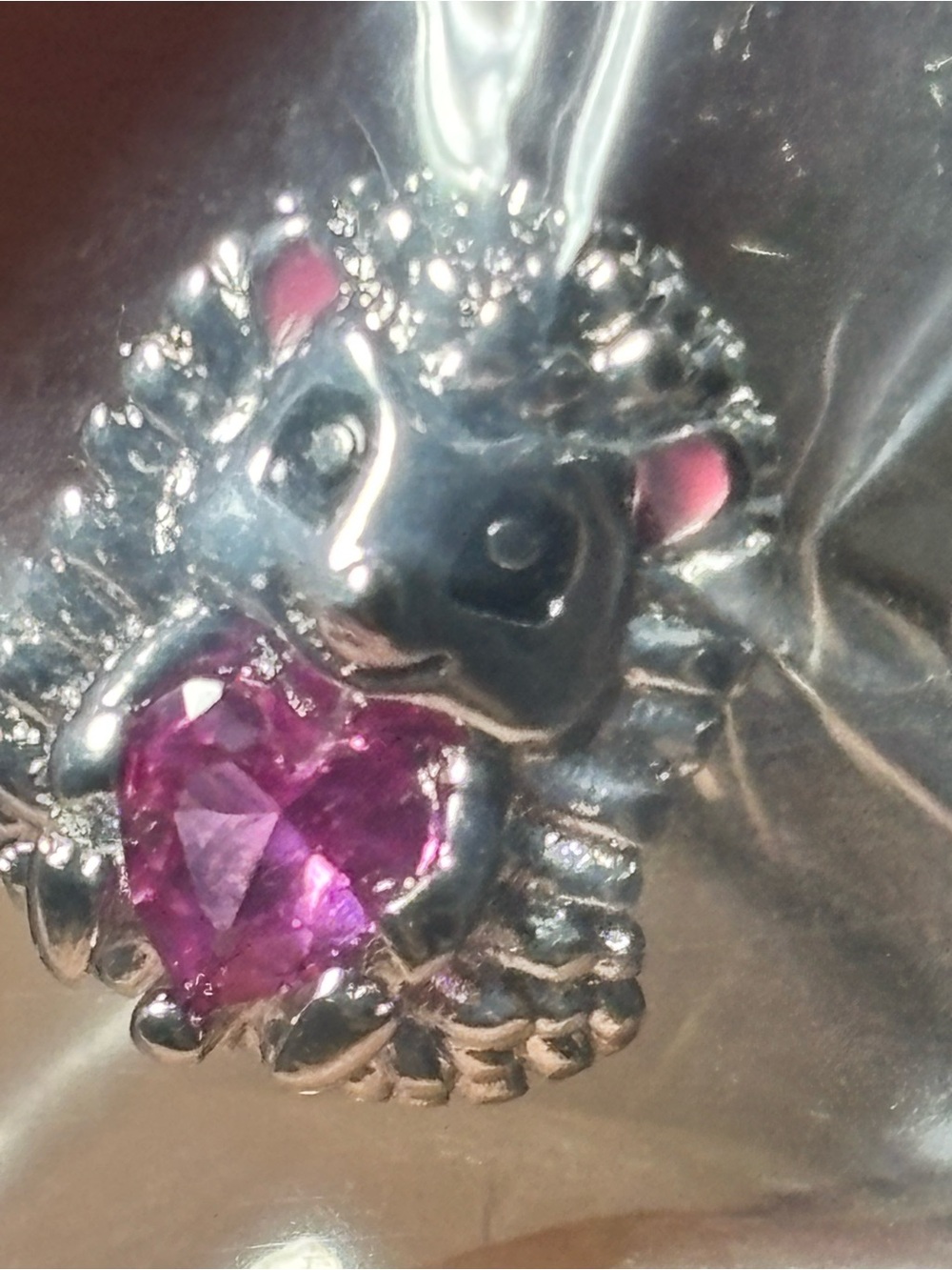 Silver Hedgehog Pendant with Pink Heart Gem notch, Pandora costume bead